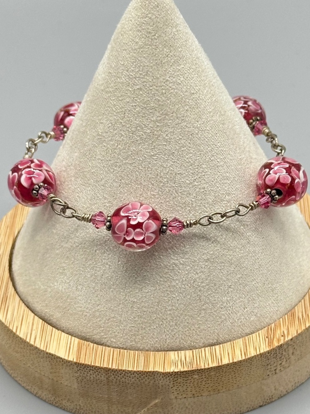 Courtney Collection Lampwork Sterling Silver Pink Glass Beaded Bracelet Sz 6.75